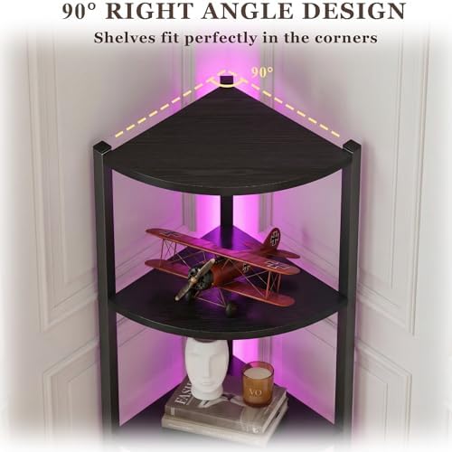 Corner Shelf with Storage, LED Lights 6-Tier Corner Bookshelf, 66'' Organizer Book Shelf Shelves Steel Frame Display Stand with Living Room, Bedroom, Study, Black - Image 3