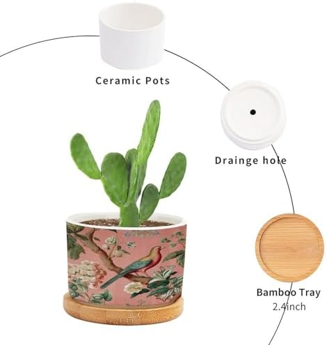 Blush Chinoiserie Bird Planter Ceramic Hydrangea Peacock in Coral Round Flower Pot with Drainage Holes and Bamboo Tray Pot for Outdoor Garden Home Plant - Image 3