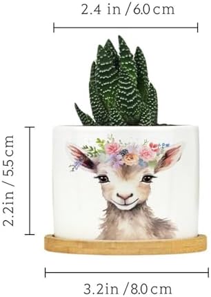 Baby Goat Flower Crown Planter Ceramic Farm Animals House Round Flower Pot with Drainage Holes and Bamboo Tray Pot for Home Desktop Office Windowsill - Image 2