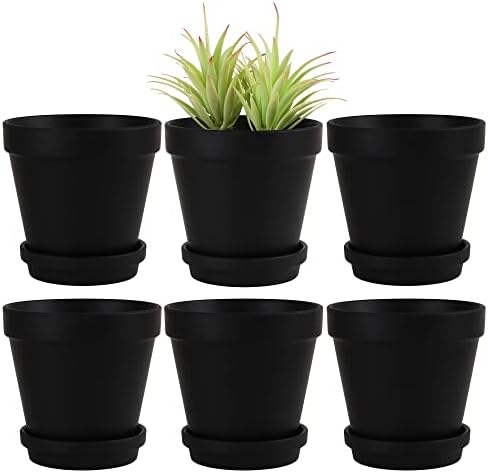 Yishang Large Terra Cotta Pots with Saucer- 6 Pack Large 6'' Terra Cotta Plant Pot with Drainage Hole, Flower Pot with Tray, Terracotta Pot for Indoor Outdoor Plant(Black) by Yishang