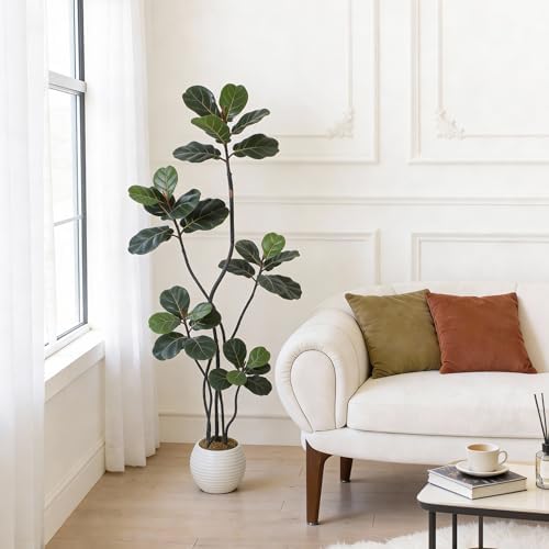 GarveeHome 6FT Artificial Ficus Lyrata Tree, Bendable Boughs, Modern White Pot Included, Perfect for Home Office Living Room Decor Indoor, Tall Artificial Tree for Housewarming Gift - Image 3
