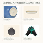 10.6 Inch Modern Ceramic Plant Pot with Drainage Hole and Mesh Net, Indoor Outdoor Planter with Saucer & Gardening Glove, Pots for Succulents, Flowers, Large Plants, Blue - Image 4
