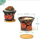 5.5 Inch Succulent Pot Handmade Flower Design Round Ceramic Antique Plant Pot Cactus Pot Planter with Drainge and Saucer Set of 2 - Image 7