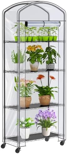 4-Tier Greenhouse with Wheels, Height-Adjustable Shelves Metal Plant Shelf by Abimars