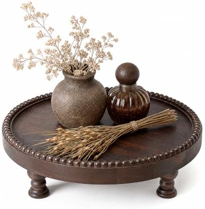Dark Acacia Wood Round Display Riser with Beaded for Home Decor, Brown by EOSAHR