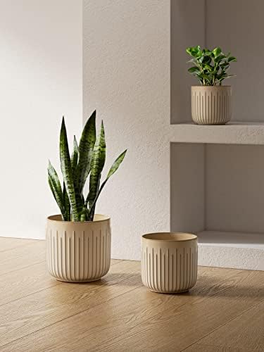 LE TAUCI Ceramic Pots for Plants, 8.3/7/6 Inch Indoor Planters with Drainage Holes & Mesh, Modern Glossy Glaze Cylinder Fluted Plant Pot for Snake Plant, Set of 3, Sand Beige - Image 4