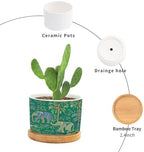 Animal Green Chinoiserie Planters Ceramic Asian Thailand Elephant Floral Round Flower Pot with Drainage Holes and Bamboo Tray Pot for Home Desktop Office Windowsill - Image 3