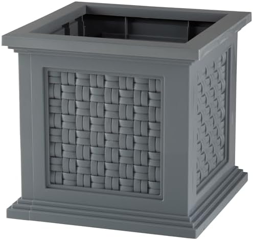 Rattan Style Outdoor Planter Box - 14.65-Inch-Square Decorative Flower or Plant Pot - Garden, Patio and Front Porch Decor by Pure Garden (Gray) by PureGarden