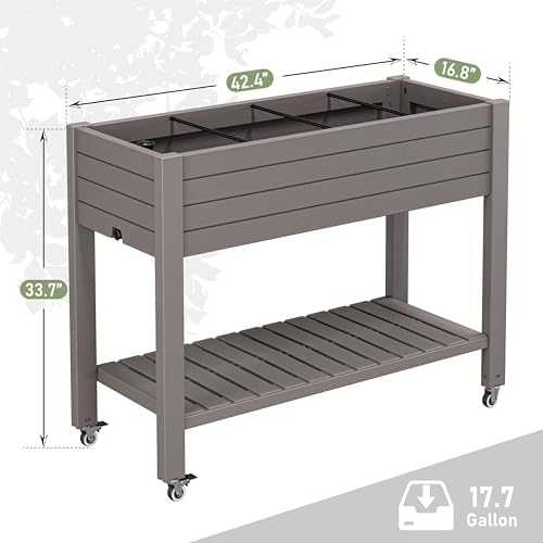 33.7" Tall Raised Garden Bed with Wheels, Divisible Plastic Planter Box with Drainage Gauge & Storage Shelf, Herb Garden Planter for Garden Patio Backyard, Gray (33.7" h) - Image 3