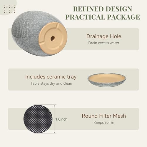 11.8 Inch Modern Ceramic Plant Pot with Saucer, Flower Pot with Drainage Hole Mesh Net,Indoor Outdoor Planter (Gray-dot) - Image 4