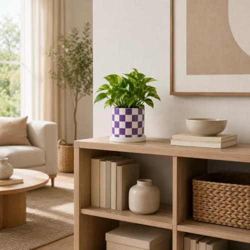 Checkered Ceramic Planter Pot with Drainage Hole and Saucer, Black and White Planters Decor,Indoor Cylinder Round Planter Pot (Purple, Medium) - Image 6