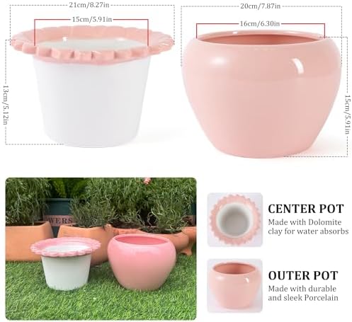 8in Pink Ceramic Self Watering Planter - Terracotta Maintenance Plant Seeder for Indoor African Violet Plants - Image 2