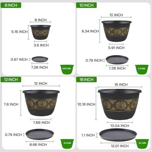 Usocik 16 Inch Outdoor Planters, 4 Pack, Gold Retro Floral - Image 4