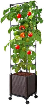Raised Garden Bed with Tomato Cage & Trellis, 56" Self-Watering Tomato Planter Box for Vegetables Flowers | Lockable Wheels, Vertical Gardening | Indoor Outdoor Patio Use, Easy Assembly by Antmoilios