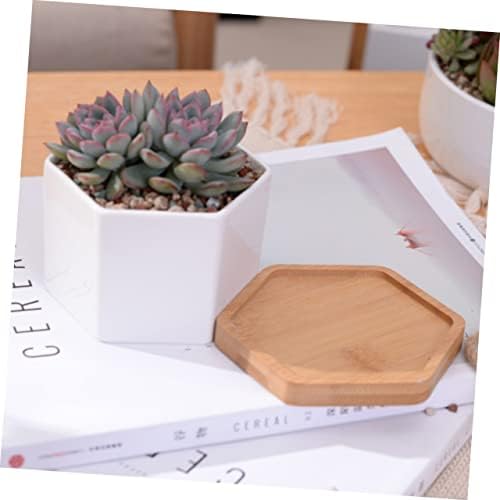 Mikikit White Ceramic Hexagonal Succulent Pots 2 Sets with Bamboo Tray - Image 6