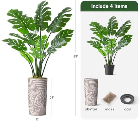 Artificial Tree in Geometric Pattern Planter, Fake Monstera Silk Tree for Indoor and Outdoor Home Decoration - 65" Overall Tall (Plant Pot Plus Tree) - Image 3
