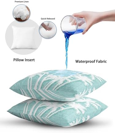 Throw Pillows 18x18 Set of 2, Tropical Palm Tree Waterproof Outdoor Pillow Covers with Insert, Vintage Mint Green Exotic Botanical Plants Decorative Pillowcase Cushion for Patio, Garden, Couch - Image 6