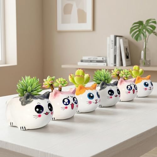 Cat Succulent Pots Set of 6 - Small Ceramic Animal Planters with Drainage - Image 4