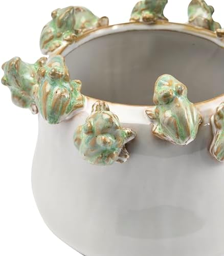 Creative Co-Op Decorative Stoneware Planter with Frog Figurine Rim, White and Green - Image 6