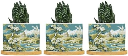 Garden Planters Ceramic Green Chinoiserie Floral Bird Round Plant Pots with Drainage Holes and Bamboo Tray Pot for Indoor Outdoor Garden by BRUYU5SE