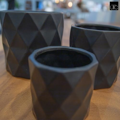 Round Ceramic Pot with Embossed Rectangle Design Outdoor/Indoor Medium Ceramic Decorative Planter for Garden Patio Balcony Home: Black 7.25"x7.25"x6.75"H; 5.75"x5.75"x5.75"H; 4.25"x4.25"x4.25"H - Image 6