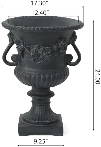 Antique Black Magnesium Oxide Urn Planter, Elegant Decorative Outdoor Garden Patio or Indoor Vase, Ready to Use, 17.3L x 17.3W x 24H Inches - Image 2