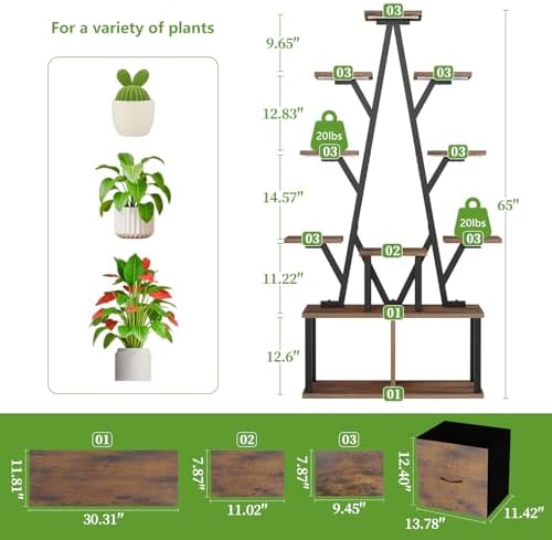 Plant Stand Indoor with Grow Lights - 10 Tiered Plant Shelf with 2 Removable Drawers, 65" Tall Plant Shelf with Grow Light Holds 13 Pot Plants, Christmas Tree Shaped Plant Stand for Home, Living Room - Image 6