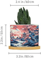 Pink Blue Chinoiserie Planters Ceramic Coral Chinoiserie Chic Asian Round Flower Pots with Drainage Holes and Bamboo Tray Pot for Home Office Decoration - Image 2
