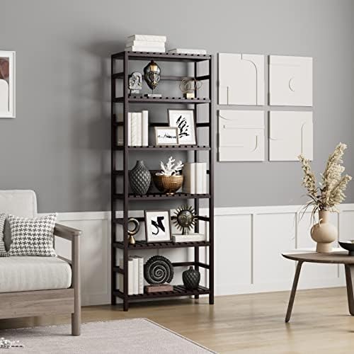Bamjoy Bamboo Shelf, 6 Tier Bookcase Storage Shelves, Tall Book Rack Shelving Unit, Multipurpose Storage Display Shelf Adjustable Storage Rack for Bathroom Home Office Living Room Kitchen, Dark Brown - Image 2
