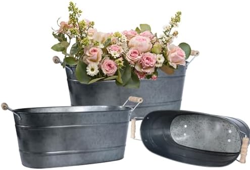 3 Pack 15 Inch Galvanized Oval Planters with Handles, Galvanized Black by vensovo
