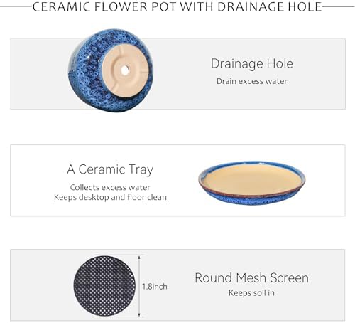7.5 Inch Ceramic Planter with Saucer,Modern Garden Pots with Drainage Hole Mesh Net, for Indoor Outdoor Use (Speckle Blue) - Image 4