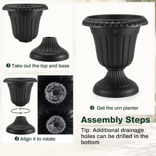 Zhehao 4 Pcs 13 x 15 Inches Black Plastic Urn Planter Classic Flower Pots Front Porch Planters Indoor Outdoor Planters with Pedestal for Wedding Party Bridal Shower Garden Patio Porch - Image 4