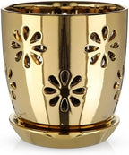 Oairse 6 inch Orchid Pots with Holes, Gold Ceramic Orchid Pot for Repotting Small Indoor Plant Pots with Drainage Holes and Saucers Decorative Flower Planter for Orchids, Indoor Plant by Oairse