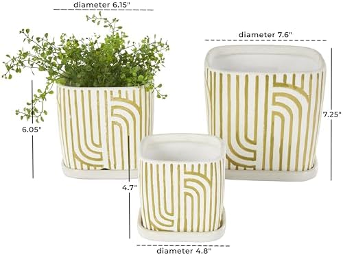 Deco 79 Ceramic Indoor Outdoor Planter Small Planter Pot with Overlapping Green Arches and Attached Saucer, Set of 3 Planters 7',6',5'H, White - Image 6