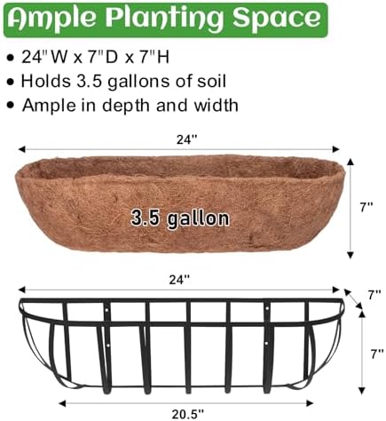 GameXcel 24 Inch Over Railing Planter 4 Pack - Window Box or Wall Mounted Flower Box with Coco Liner and Adjustable Hooks - Metal Deck Balcony Planter with Expansion Screws for Deck Fence Porch - Image 2