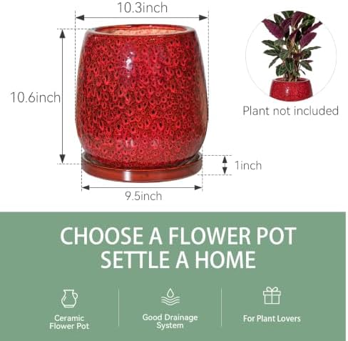 10.3 Inch Ceramic Glaze Plant Pot with Saucer, Flower Pots with Drainage Hole Mesh Net (Spot Red) - Image 5
