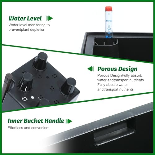 GarveeLife 16 in Tall Planters Set of 2, Outdoor＆Indoor Black Planter Pots, High Front Porch Planter Pots with Drainage Holes＆Water Level Monitor＆Inner Bucket, Automatic Watering,Black - Image 5