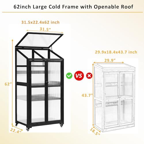 Small Greenhouse 62" H Cold Frame Portable Greenhouse with Lockable Wheels Openable Roof and Adjustable Shelves 3-Tier Wooden Greenhouse Cabinet for Indoor Outdoor Patio Balcony Garden, Black - Image 6