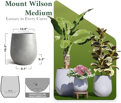 DTY Premium Mt Wilson Tall Tapered Fiberstone Planter for Indoor Outdoor Use, Modern Large Olive Tree Pot with Drainage Hole, Includes 2 Coco Mats. Gray, Medium 15'' D x 16.7” H. 11.2” Pot Opening - Image 2