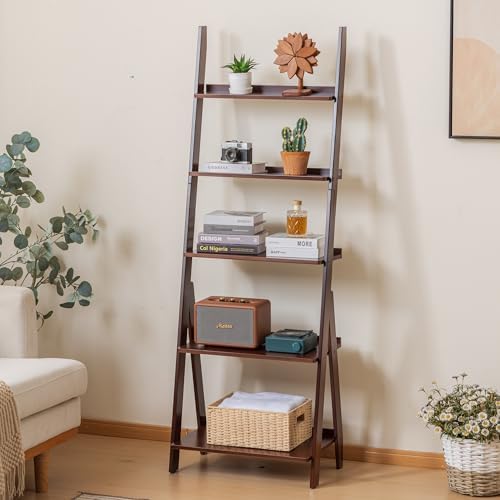 Maydear Bamboo Ladder Shelf Bookcase, 5-Tier Leaning Bookshelf Free Standing Organizer Storage Shelves for Living Room, Bedroom, Kitchen, Home Office, Balcony, Dark Walnut - Image 6