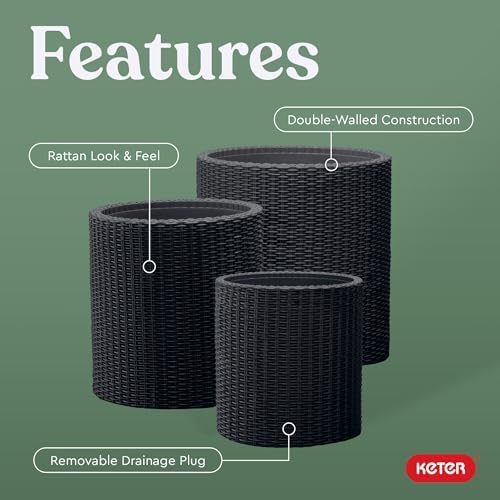 Keter Cylinder Set of 3 Rattan Resin Planter for Indoor and Outdoor Plants Ideal Decorative Planter for Porches and Patio Decor, Black - Image 3