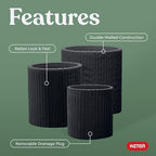 Keter Cylinder Set of 3 Rattan Resin Planter for Indoor and Outdoor Plants Ideal Decorative Planter for Porches and Patio Decor, Black - Image 3