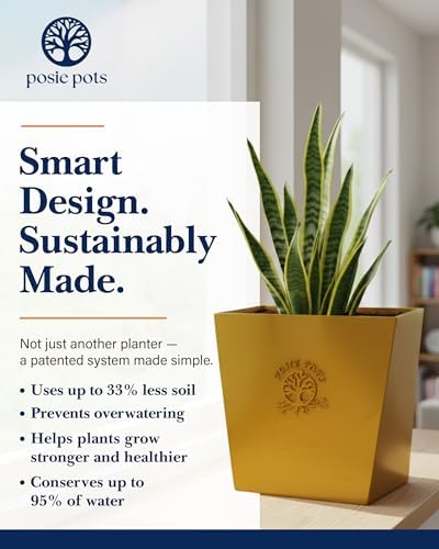 Posie Pot Medium Twisted Square - Self Watering Planter 5x5 Inch - Indoor Plant Pot with 30 Day Reservoir - 3D Printed Bioplastic - No Guilt Plant Care - Made in USA, Gold - Image 4