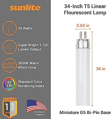 Sunlite 30415 F39T5/830/HO 34-Inch T5 Linear Fluorescent Lamp, 39 Watts, 3100 Lumens, 3000K Warm White, Miniature G5 Bi-Pin Base, ROHS Compliant, High Performance Straight Tube, 40 Pack - Image 2