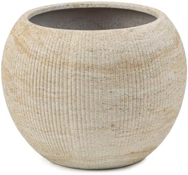 Marlo Fiberstone Round Planter (M, Ribbed Travertine Beige) by DEPLALANE