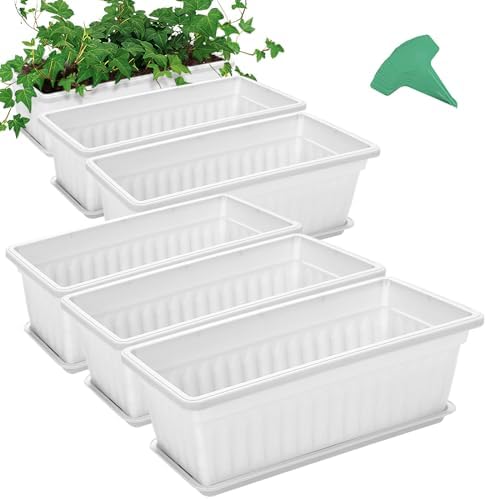 GROWNEER 6 Packs 17 Inches White Flower Window Box Plastic Vegetable Planters Long Pots with 15 Pcs Plant Labels for Outdoor Indoor Windowsill, Patio, Garden, Home Decor, Porch by GROWNEER