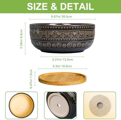 G EPGardening 8 Inch Ceramic Succulent Planter Pots for Indoor Plants Round Shallow Bonsai Planter Pot with Drainage and Bamboo Saucer, Black - Image 3