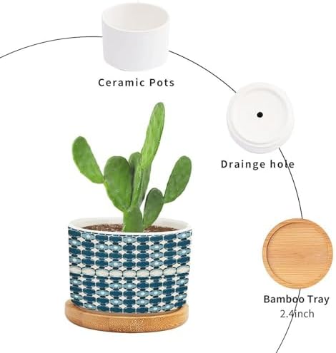 Blue Geometric Planters Ceramic Blue and White Round Plant Pot with Drainage Holes and Bamboo Tray Pot for Outdoor Garden Home Plant - Image 3
