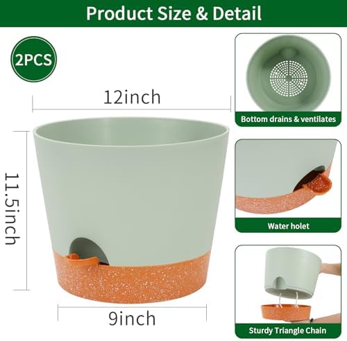 GARDIFE 12 inch Plant Pots, planters, Self Watering Pots, 2 Pack Large Plastic Flower pots with Deep Reservior and High Drainage Holes for Indoor Outdoor Plants and Flowers, Green - Image 2