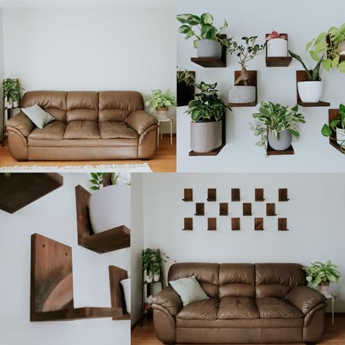 Daniel's Plants 3 Pack Midcentury Modern L Shaped Floating Shelves | Wall Mounted Plant Shelf Kit | Solid Wooden Shelf | 3 Shelves (Woodland Brown) - Image 2